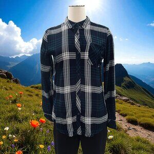 Workshop Republic Plaid Button Down Shirt Indigo Green Soft Rayon NWT Size Small